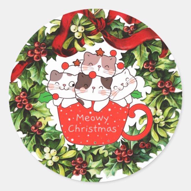 Sticker Rond Meowy Christmas Cats dans une coupe mignonne Stick (Devant)