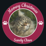 Sticker Rond Meowy Christmas Cute Cat Photo avec des pattes de<br><div class="desc">Personnalisez facilement cet adorable rouge foncé avec un sticker empreintes de pattes blanc mignon avec la photo et le nom de votre animal ~ "Pawesome!"</div>