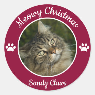 Sticker Rond Meowy Christmas Cute Cat Photo avec des pattes de 