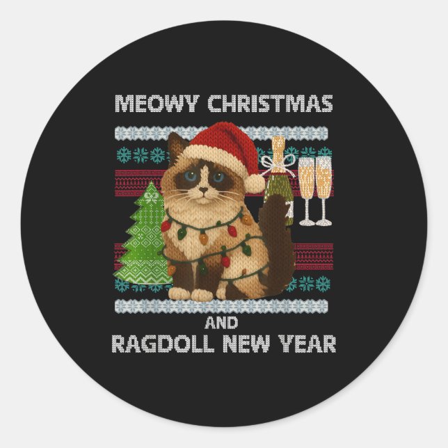 Sticker Rond Meowy Christmas Funny Ragdoll Cat Santa Hat Ugly S (Devant)
