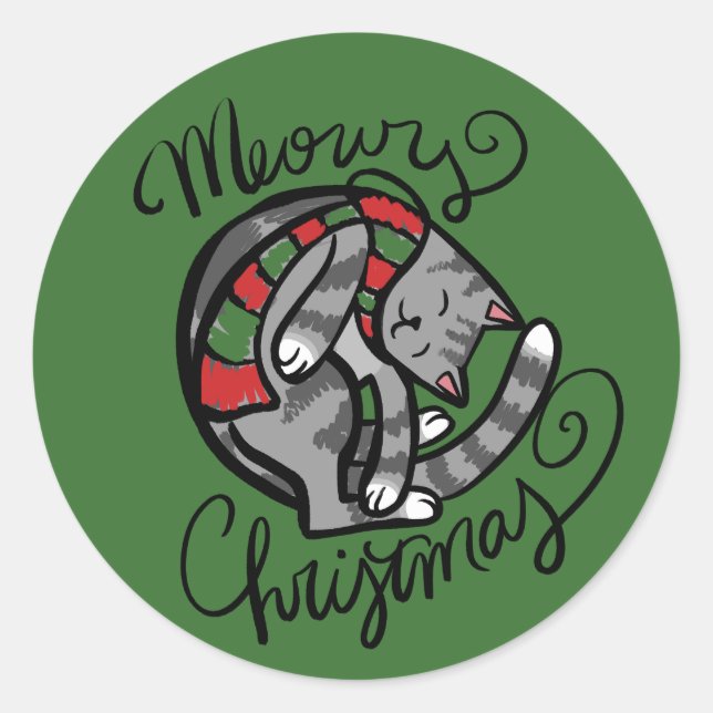 Sticker Rond Meowy Christmas Grey Cat Art (Devant)