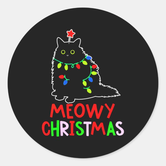 Sticker Rond Meowy Christmas Xmas Lights Black Cat Pajamas  (Devant)
