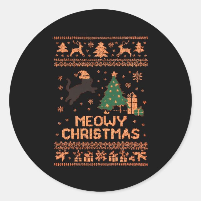 Sticker Rond Meowy Christmas Xmas Tree Cat Ugly Sweater Pajamas (Devant)
