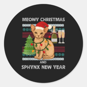 Sticker Rond Meowy Noël Drôle Sphynx Chat Chapeau de Père Noël