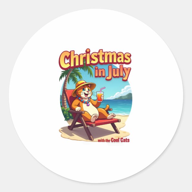 Sticker Rond Meowy Xmas Summer Christmas In July Chillin Cool C (Devant)