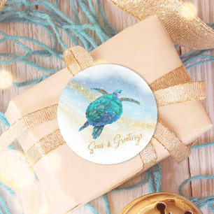 Sticker Rond Mer et salutations Plage Tortue de mer Côte
