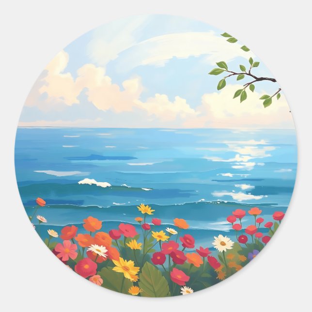 Sticker Rond Mer impressionniste avec jardin fleurissant (Devant)