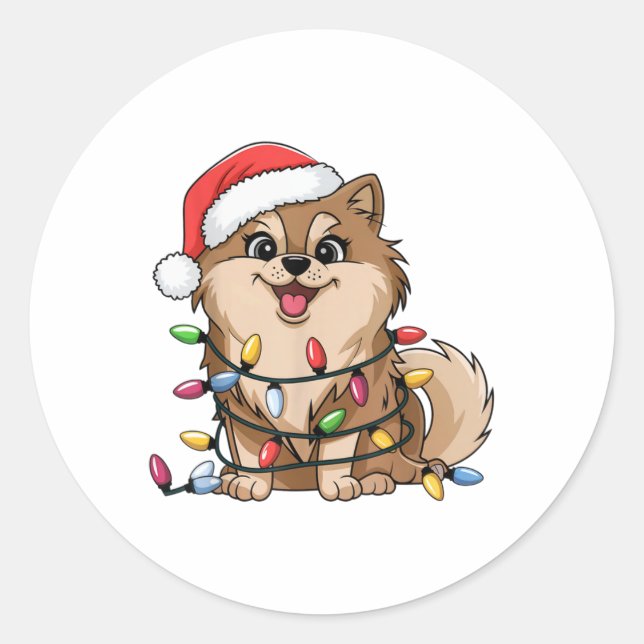 Sticker Rond Meranian Christmas Lights Xmas Dogs For Me  (Devant)