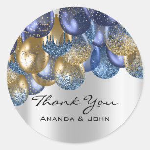 Sticker Rond Merci 16e Mariage nuptiale Ballon Blue Navy Argent
