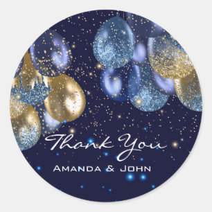 Sticker Rond Merci 16e Mariage nuptiale Ballon Blue Navy Gold