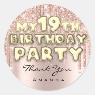 Sticker Rond Merci 19e anniversaire Parties scintillant  Rose