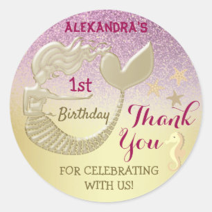 Sticker Rond Merci 1er anniversaire Sirène rose et or