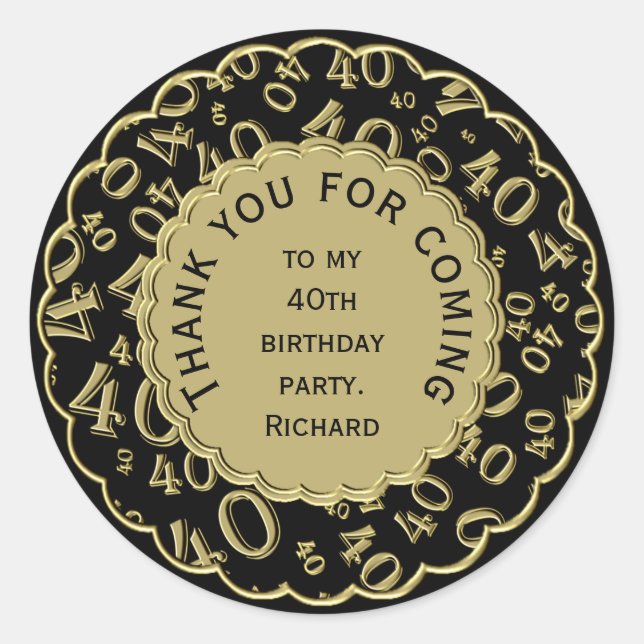Sticker Rond Merci 40 Nombre Motif Noir et Or (Devant)