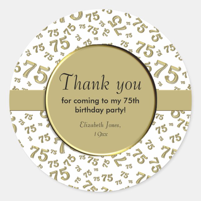 Sticker Rond Merci : 75e anniversaire Gold et Motif blanc (Devant)