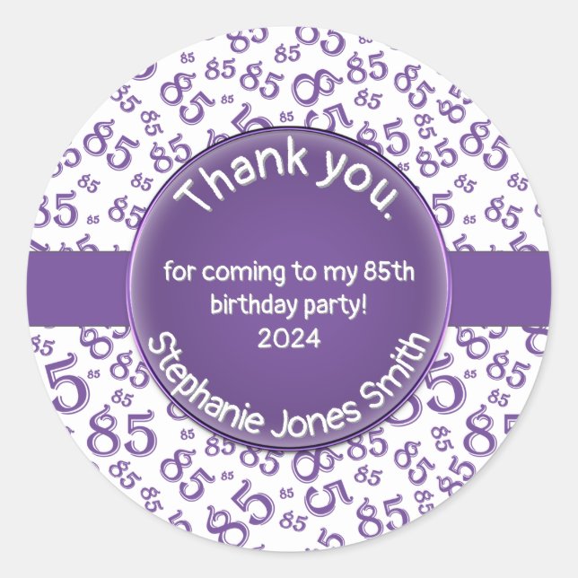 Sticker Rond Merci : 85 Anniversaire Violet/Blanc Motif de numé (Devant)