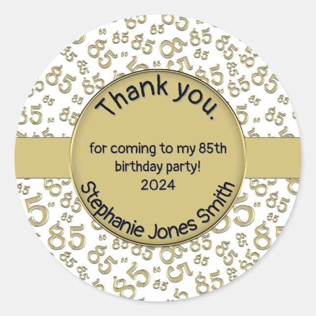 Sticker Rond Merci : 85e anniversaire Gold/White Numéro Motif (Devant)