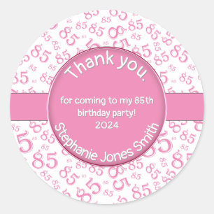 Sticker Rond Merci : 85e anniversaire Motif de numéro rose/blan