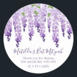 Sticker Rond Merci à eau | BAT MITZVAH<br><div class="desc">Ce design présente d'élégantes fleurs de glycine aquarelle en lavande douce et violet avec des feuilles verts sur un arrière - plan blanc avec votre message de remerciement Bat mitzvah et la date ci-dessous. Personnalisez en modifiant le texte dans les zones de texte. Conçu pour vous par Evco Studio www.zazzle.com/store/evcostudio...</div>