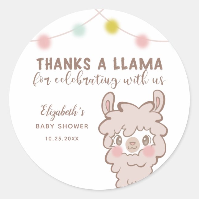 Sticker Rond Merci A Llama Baby shower Favoriser (Devant)