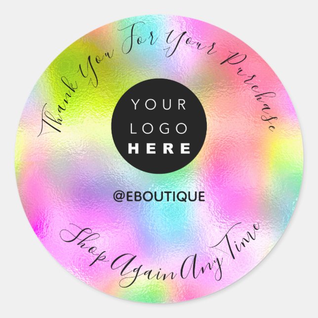 Sticker Rond Merci Acheter Boutique Logo Holographe rose (Devant)