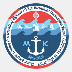 Sticker Rond Merci Ancre nautique Bateau rouge blanc bleu