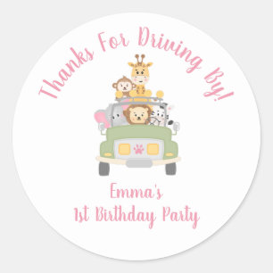 Sticker Rond Merci Animal Safari rose 1er anniversaire fête