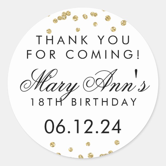 Sticker Rond Merci Anniversaire Parties scintillant or Confetti (Devant)
