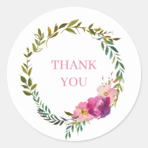 Sticker Rond Merci Aquarelle Laurel et Fleur Wreath