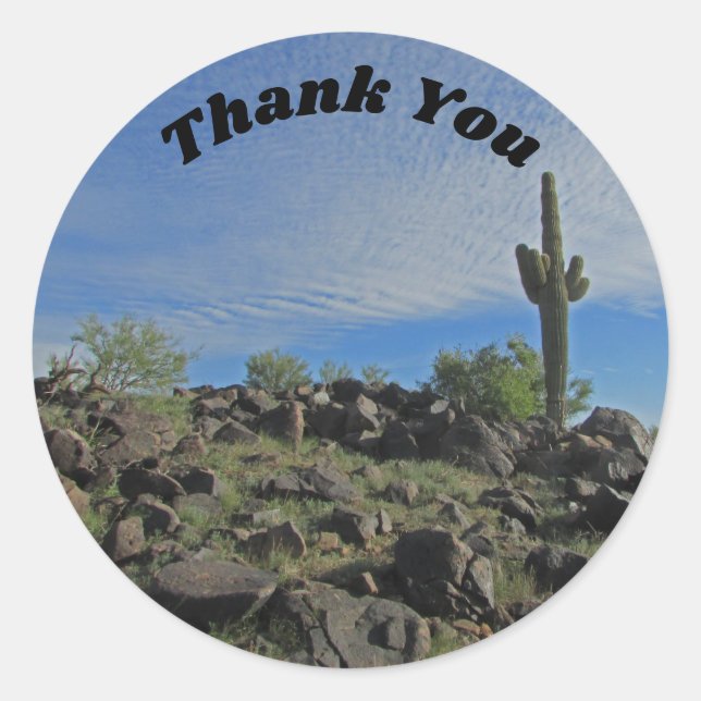 Sticker Rond Merci Arizona Tall Saguaro Desert Cactus Photo (Devant)