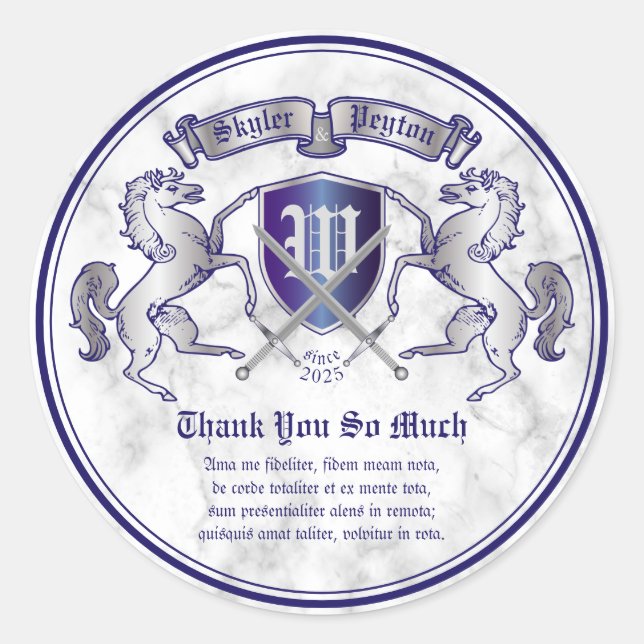 Sticker Rond Merci Armoiries Monogramme Emble Cheval Argent (Devant)