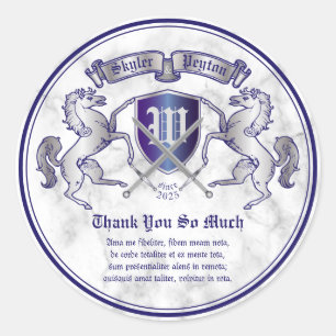 Sticker Rond Merci Armoiries Monogramme Emble Cheval Argent