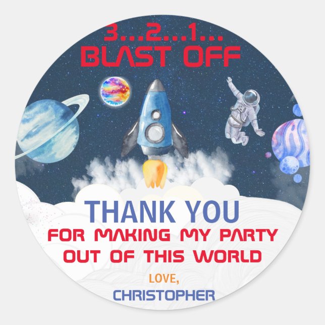 Sticker Rond Merci Astronaut fête d'anniversaire (Devant)
