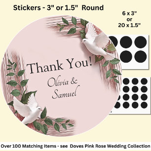 Sticker Rond Merci ! avec Noms, Colombes & Roses Roses