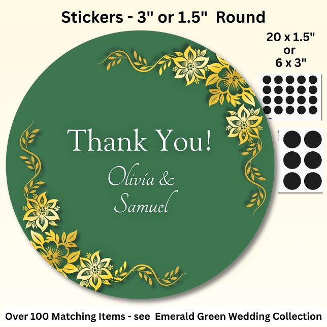 Sticker Rond Merci ! avec Noms, Vert Émeraude & Or (Créateur téléchargé)