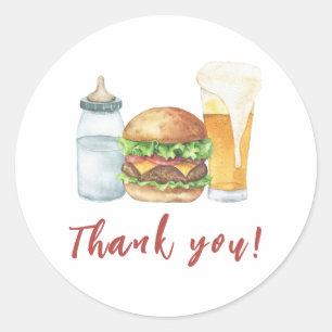 Sticker Rond Merci Baby shower bébé, hamburgers et bières