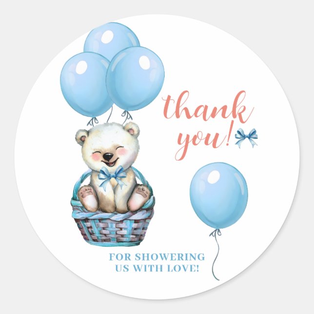 Sticker Rond Merci Baby shower bleu Teddy Bear (Devant)
