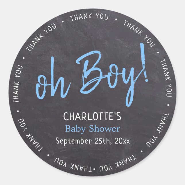Sticker Rond Merci Baby shower Chalkboard Blue Boy (Devant)