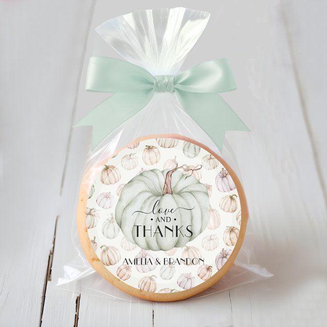 Sticker Rond Merci Baby shower Citrouille vert (Love and Thanks green pumpkin baby shower thank you stickers)