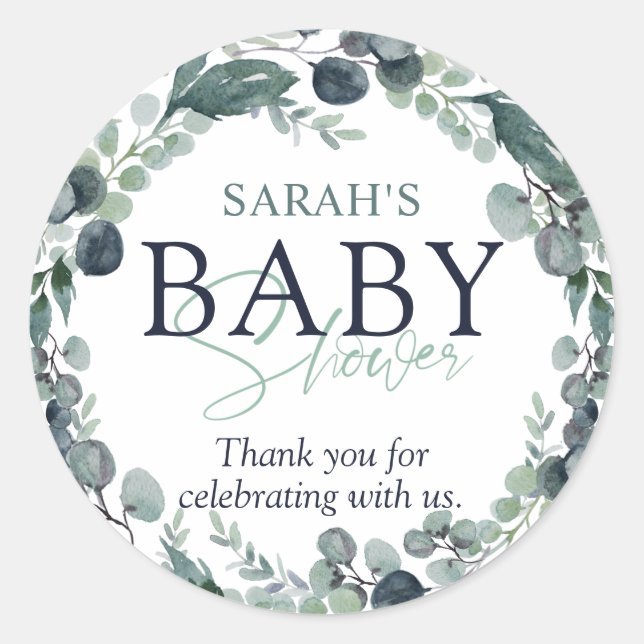 Sticker Rond Merci Baby shower Eucalyptus aquarelle (Devant)