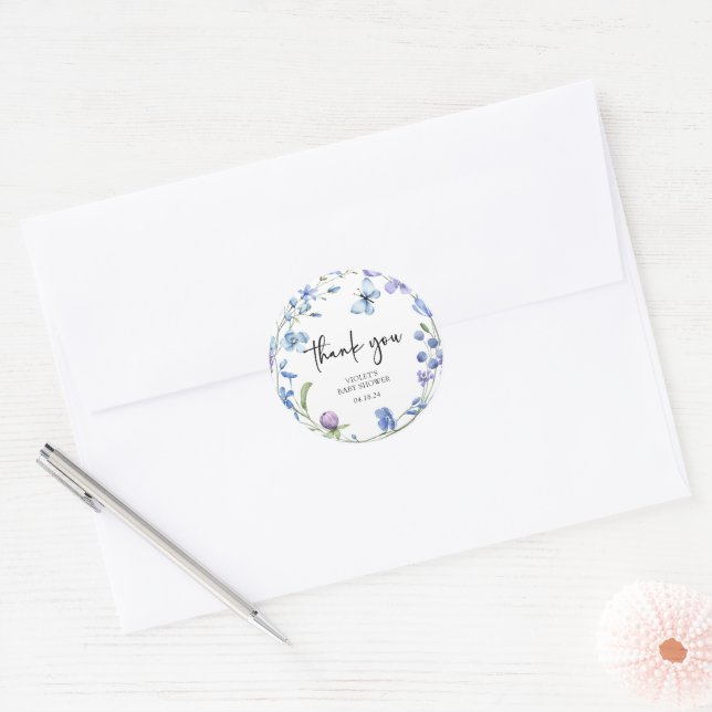 Sticker Rond Merci Baby shower Fleur sauvage bleu aquarelle (Enveloppe)