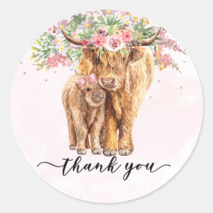 Sticker Rond Merci Baby shower Highland Cow Rose