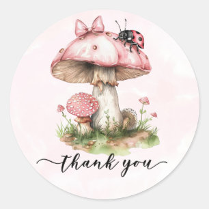 Sticker Rond Merci Baby shower Ladybug Champignon