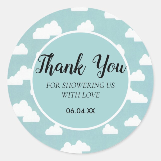 Sticker Rond merci baby shower neutre genre nuages ciel (Devant)