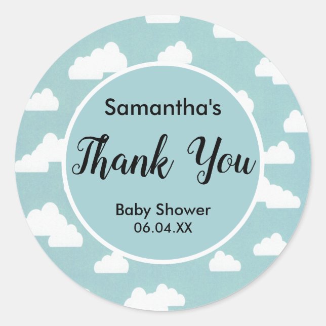 Sticker Rond merci baby shower neutre genre nuages ciel (Devant)