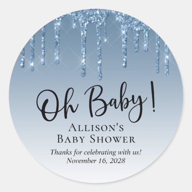 Sticker Rond Merci baby shower Parties scintillant bleu  (Devant)