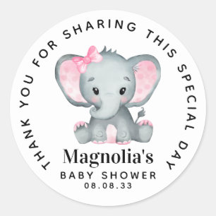 Sticker Rond Merci Baby shower rose éléphant