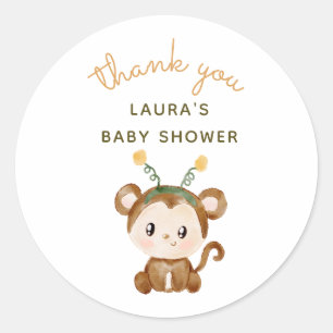Sticker Rond Merci Baby shower Safari Monkey Aquarelle