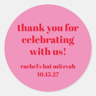 Sticker Rond Merci Bat mitzvah moderne en rose personnalisé