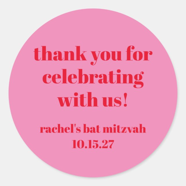 Sticker Rond Merci Bat mitzvah moderne en rose personnalisé (Devant)