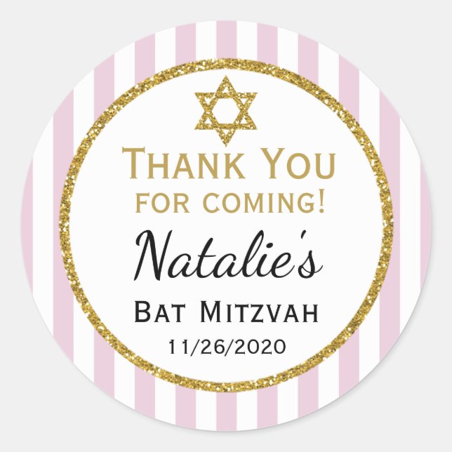 Sticker Rond Merci Bat mitzvah rose Or Venant Favor Tags (Devant)